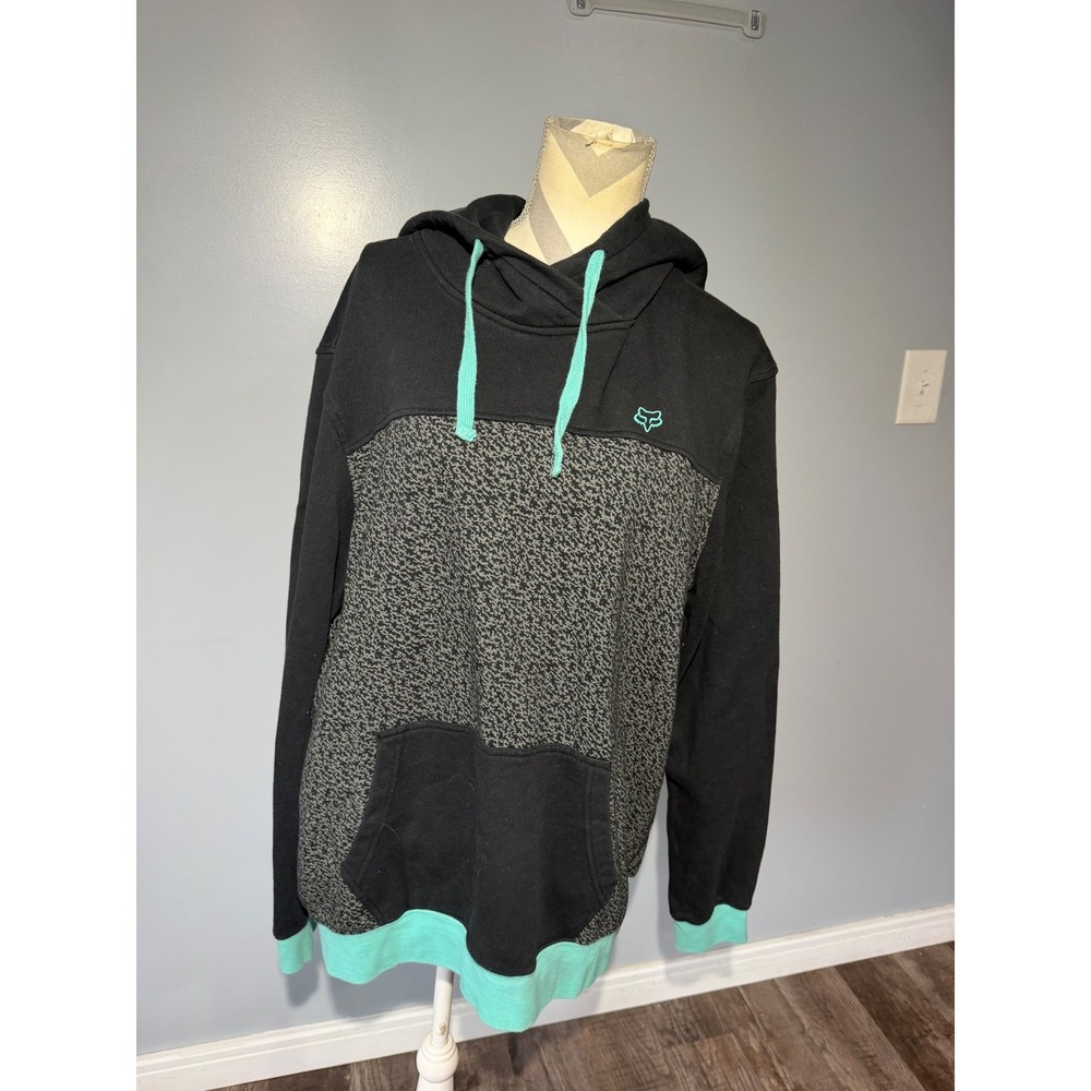Fox Racing Men Pullover Hoodie Black Grey Teal Colorblock Fox Head Logo XL